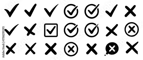 Checkmarks vector icon set, cross symbols, essential vector elements for task lists, forms, and productivity related projects
