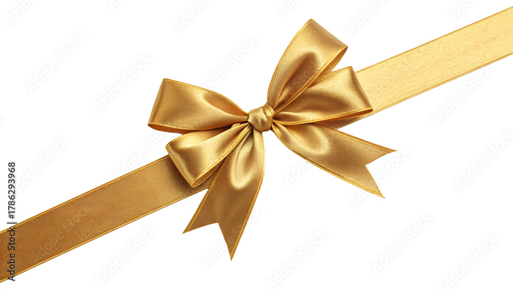 Fototapeta premium Golden gift ribbon with a bow tied in the center, horizontal layout. Isolated on transparent background, png 