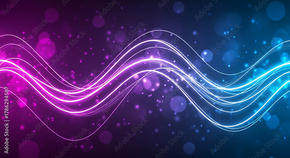Obraz premium Neon Purple and Blue Gradient Background with Glowing Digital Waves – Futuristic Technology Concept with Dynamic Flow, Innovation, and Virtual Energy 