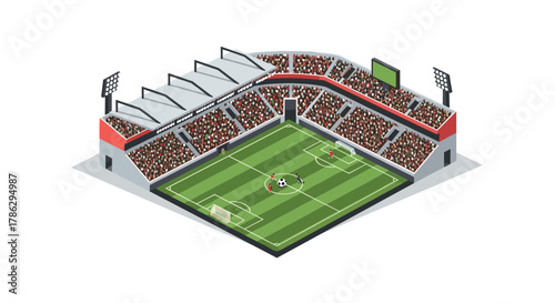 Isometric soccer stadium with players and spectators in detailed 3d design