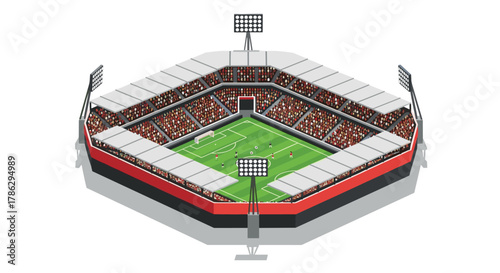 Hexagonal isometric soccer stadium with crowd and field lighting in 3d design