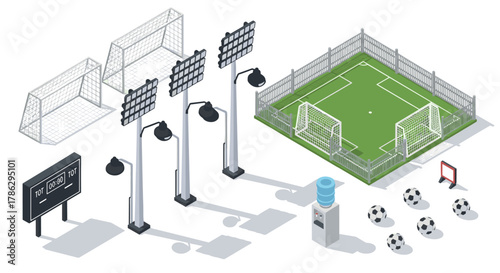 Isometric soccer field elements with goals, floodlights, and scoreboard