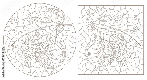 A set of contour illustrations in the style of stained glass with abstract, dark outlines on a white background