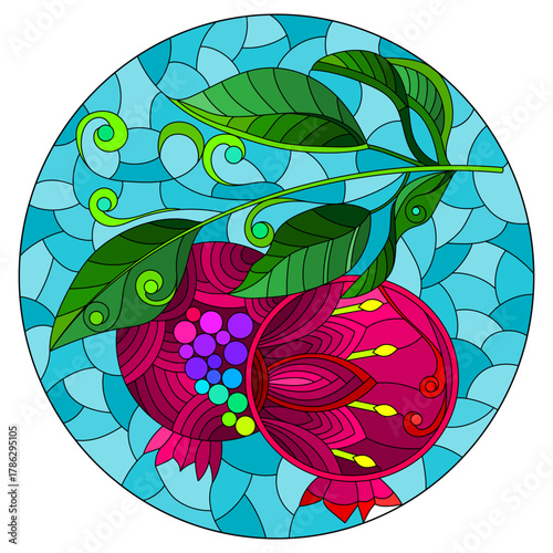 An illustration in the style of a stained glass window with a pomegranate branch on a blue background