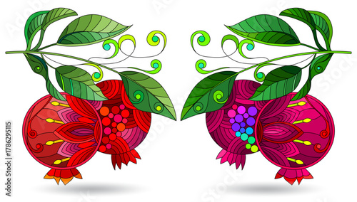 A set of stained glass illustrations with abstract garnets, isolated on a white background