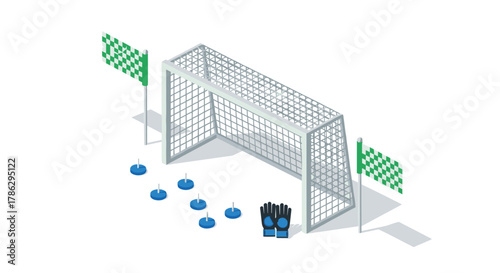 Isometric soccer goal set with flags and glove