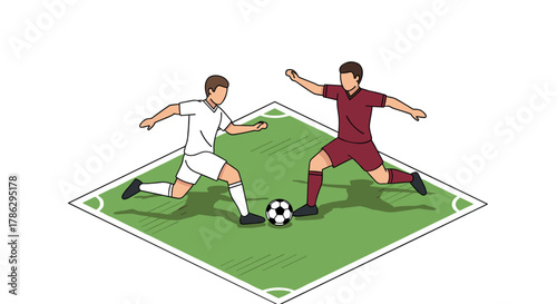 Dynamic soccer match: two players competing for the ball on the field