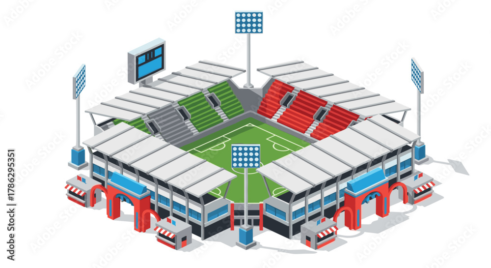 Naklejka premium Isometric soccer stadium with grandstands and floodlights illustration