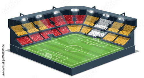 Isometric soccer stadium with colorful stands and grass field