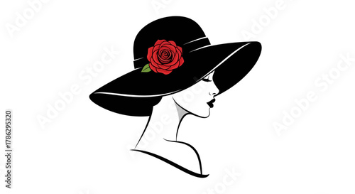 Elegant woman with black hat adorned with rose, a sophisticated and classic design