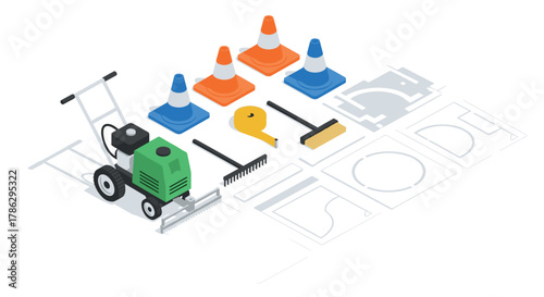 Isometric construction tools with traffic cones and measurement equipment