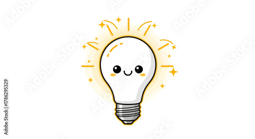 Enchanting cartoon lightbulb character shining brightly on a clean white backdrop