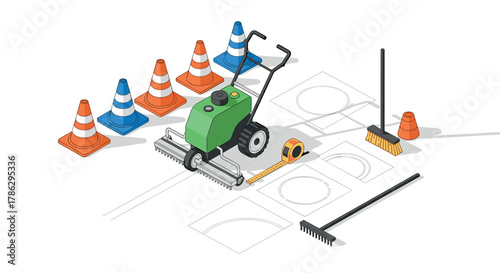 Landscape tools and traffic cones composition in isometric style