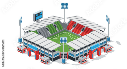 Isometric soccer stadium with grandstands and floodlights illustration