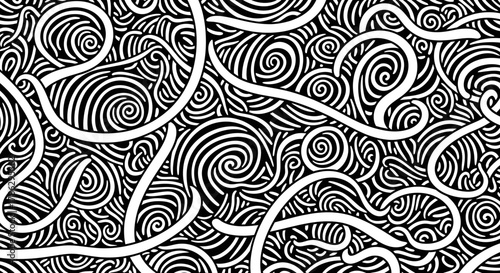 Entangled spirals and winding lines create a captivating abstract monochrome pattern design