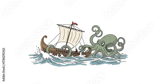 Epic sea encounter: A kraken attacks a wooden sailing vessel in turbulent waters