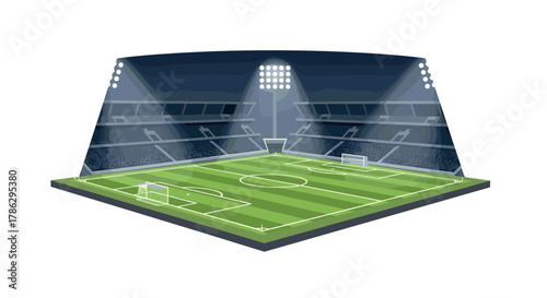 Futuristic soccer stadium with bright floodlights and empty seats at night