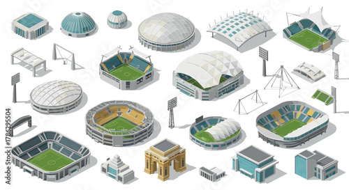 Isometric sports stadiums and modern arenas with architectural features