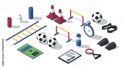 Isometric sports equipment layout with soccer balls, timer, cones, and training gear