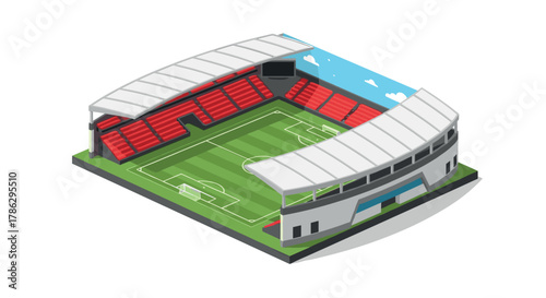 Isometric soccer stadium with red seats and green field under blue sky
