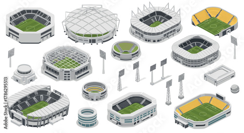 Isometric soccer stadiums set with various designs and structures for architectural projects