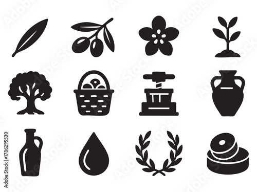A collection of stylized vector icons representing olives and olive oil, featuring olive branches with green olives, a mature olive tree, a single drop of olive oil, and bottles of olive oil in 