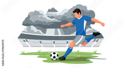 Soccer player shooting goal in cloudy stadium setting