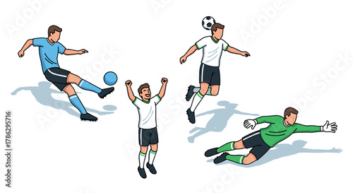 Dynamic soccer players in action: kicking, celebrating, heading, goalkeeping