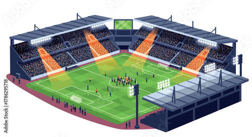 Isometric soccer stadium with spectators and bright stadium lights during a night match