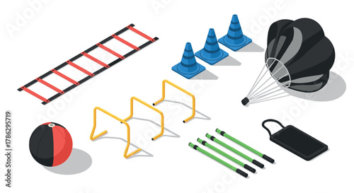 Isometric training equipment set with fitness accessories in modern design