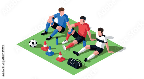 Isometric soccer players relaxing on field with equipment and water bottles
