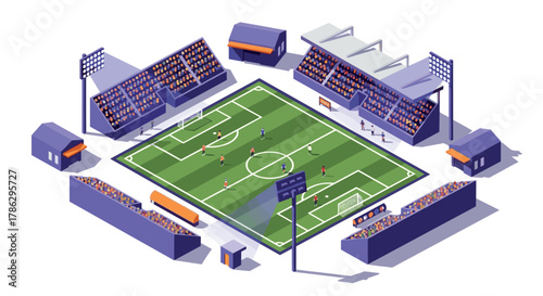Isometric view of soccer stadium with active game and vibrant stands
