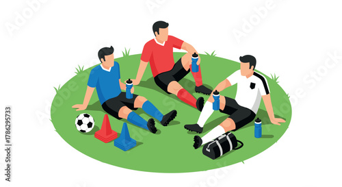 Soccer players resting on grass in isometric style with training equipment