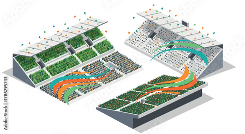 Modern isometric football stadium with colorful spectator stands and dynamic crowd waves