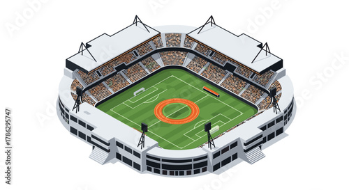 Modern isometric soccer stadium with detailed seating and field view