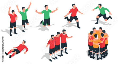 Dynamic isometric soccer celebrations featuring diverse team poses and joyful players in action