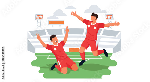 Football players celebrating a goal in modern flat style at stadium