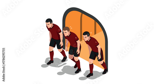Soccer players preparing to enter field from dugout in isometric style