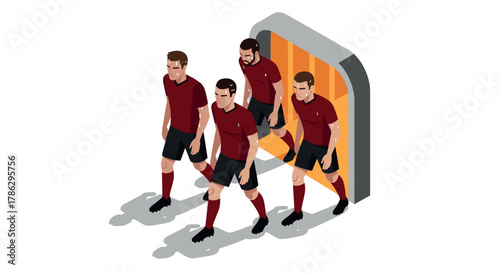 Four soccer players in red jerseys exiting locker room in isometric style