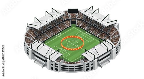 Modern city football arena in detailed isometric design with green field and spectator stands