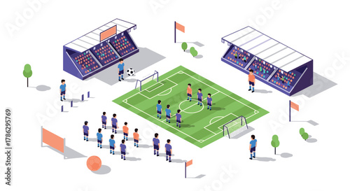 Isometric soccer match scene with players, stadium, and fans