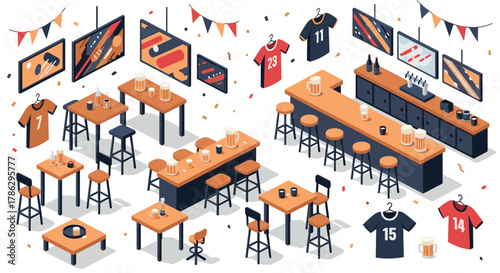 Cozy isometric sports bar interior with tables, chairs, and jerseys