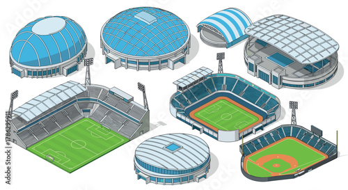 Isometric sports stadium collection: diverse architectural designs and styles