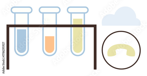Three test tubes filled with colorful liquids in a holder, a cloud, and a circular petri dish. Ideal for science, laboratory, research, chemistry, innovation education experimentation. Simple flat