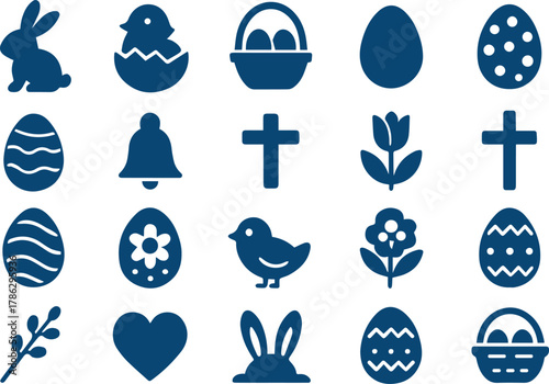 A set of simple black easter icons isolated on white background, including a bunny, chick, basket, eggs, cross, tulip, bell, heart, and willow branch