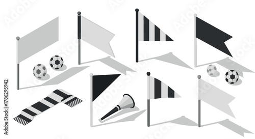Isometric soccer flags and accessories with shadows in black and white design