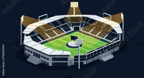 Modern isometric soccer stadium with illuminated field and spotlights