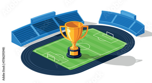 Isometric soccer stadium with trophy on field - victory and celebration in sports arena