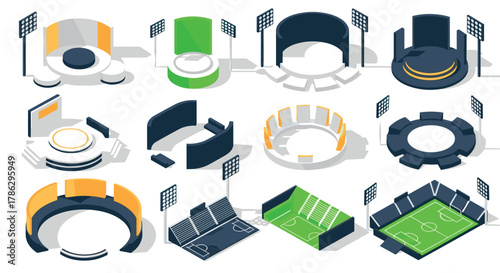 Isometric sports stadium designs with modern architecture elements