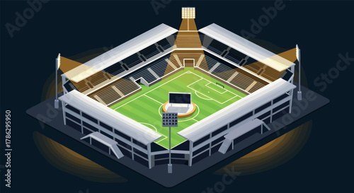 Modern isometric soccer stadium with illuminated field and seating at night